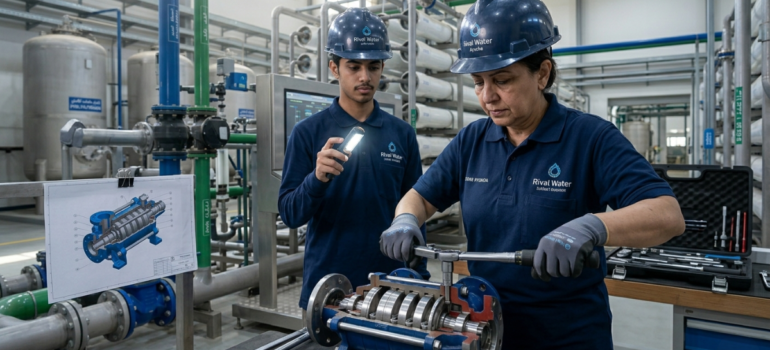 فني يمسك مصباحاً يدوياً لزميلته التي تقوم بفك مضخة كبيرة باستخدام مفتاح عزم، بناءً على دليل تشغيل محطات التحلية.