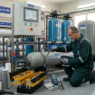 فني صيانة يقوم بأعمال صيانة فلاتر المياه المركزية باستخدام الأدوات.