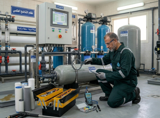 فني صيانة يقوم بأعمال صيانة فلاتر المياه المركزية باستخدام الأدوات.