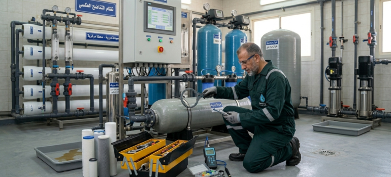 فني صيانة يقوم بأعمال صيانة فلاتر المياه المركزية باستخدام الأدوات.