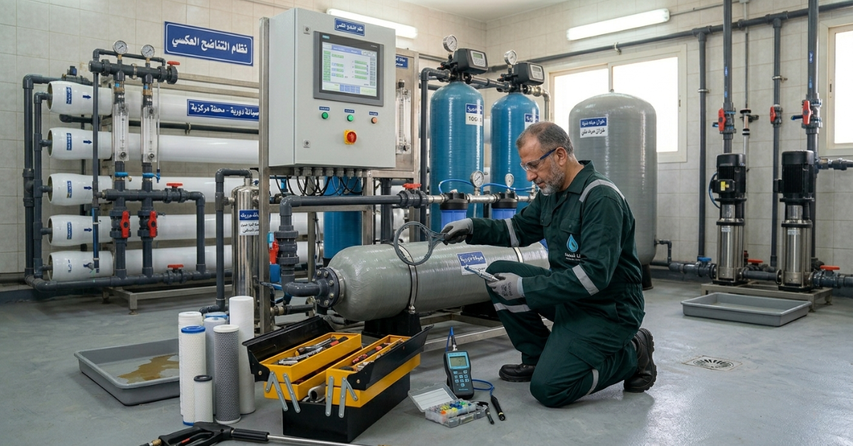 فني صيانة يقوم بأعمال صيانة فلاتر المياه المركزية باستخدام الأدوات.