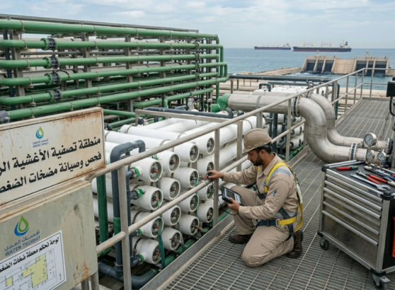 فني يتابع صيانة لوحات تحكم محطات التحلية ميدانياً.