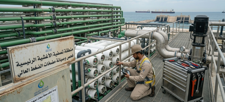 فني يتابع صيانة لوحات تحكم محطات التحلية ميدانياً.