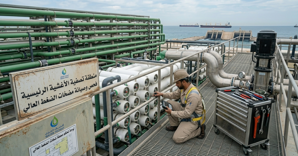 فني يتابع صيانة لوحات تحكم محطات التحلية ميدانياً.