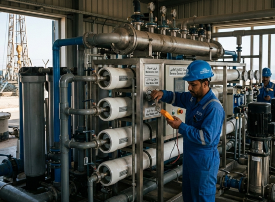 لقطة مقربة تظهر فنيًا يرتدي خوذة زرقاء وهو يقوم بصيانة محطات تحلية مياه الآبار، مع فحص الضغط على الأغشية البيضاء.