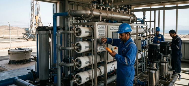 لقطة مقربة تظهر فنيًا يرتدي خوذة زرقاء وهو يقوم بصيانة محطات تحلية مياه الآبار، مع فحص الضغط على الأغشية البيضاء.