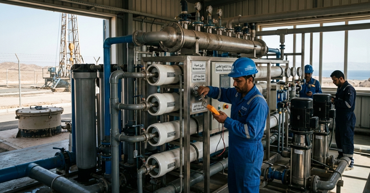 لقطة مقربة تظهر فنيًا يرتدي خوذة زرقاء وهو يقوم بصيانة محطات تحلية مياه الآبار، مع فحص الضغط على الأغشية البيضاء.