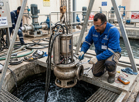فني يفحص مضخة غاطسة مرفوعة، ضمن أعمال صيانة مضخات المياه الغاطسة.