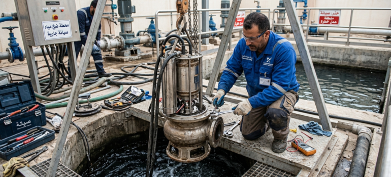 فني يفحص مضخة غاطسة مرفوعة، ضمن أعمال صيانة مضخات المياه الغاطسة.