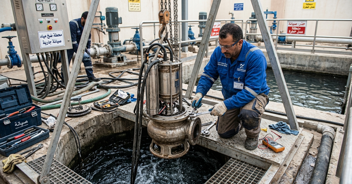 فني يفحص مضخة غاطسة مرفوعة، ضمن أعمال صيانة مضخات المياه الغاطسة.