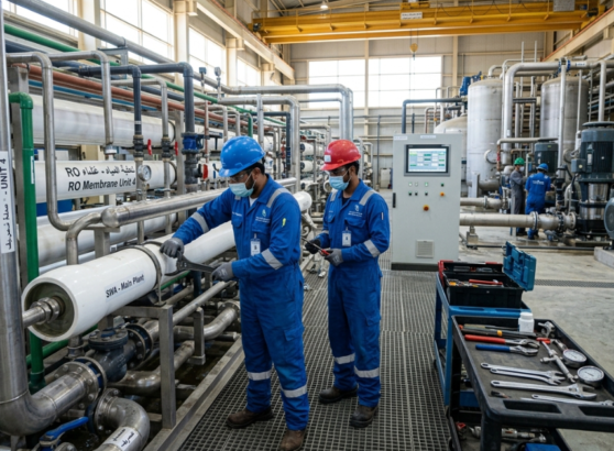 فنيون يقومون بصيانة أنابيب RO تنفيذًا لـ عقود صيانة دورية لمحطات التحلية.