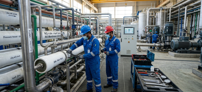 فنيون يقومون بصيانة أنابيب RO تنفيذًا لـ عقود صيانة دورية لمحطات التحلية.