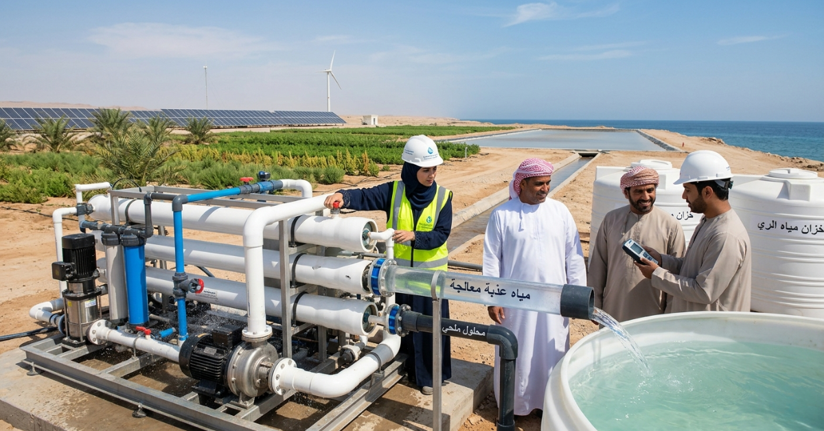 محطة تحلية صغيرة تستخدم تقنيات علاج ملوحة مياه الآبار الزائدة للري.