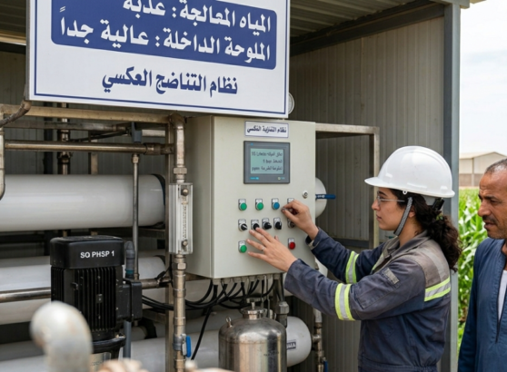 مهندسة تضبط لوحة تحكم نظام علاج ملوحة مياه الآبار الزائدة في مزرعة.