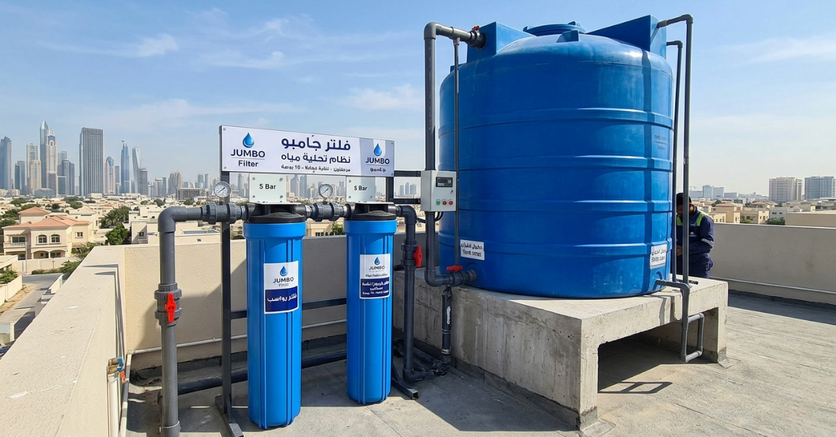 فلاتر جامبو للخزانات العلوية على سطح مبنى.