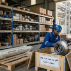 فني في مستودع يحمل قطع غيار محطات التحلية الأصلية.