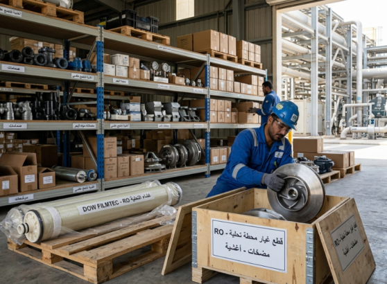 فني في مستودع يحمل قطع غيار محطات التحلية الأصلية.