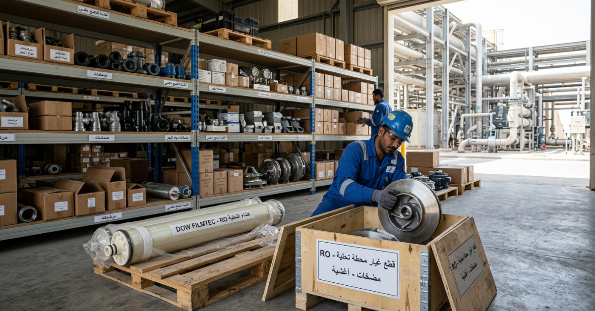 فني في مستودع يحمل قطع غيار محطات التحلية الأصلية.