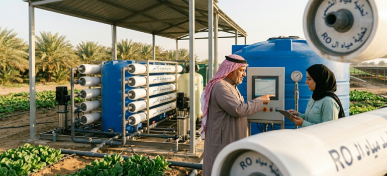 محطة تحلية مياه المزارع بالسعودية مع خزان أخضر ومزارع تقليدي.