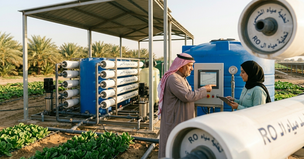 محطة تحلية مياه المزارع بالسعودية مع خزان أخضر ومزارع تقليدي.