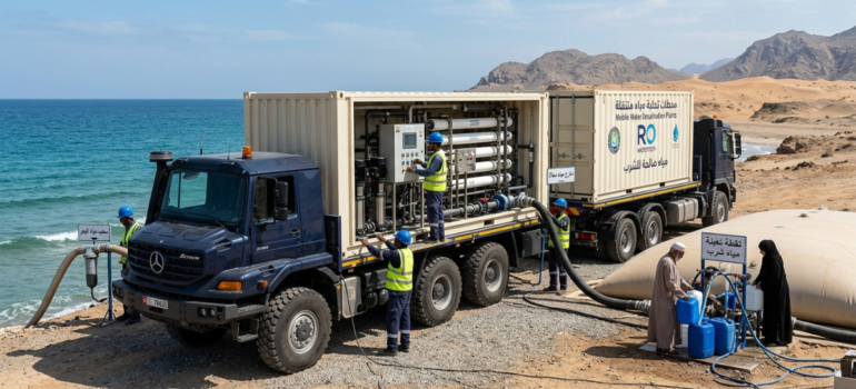 محطات تحلية مياه متنقلة بجانب خزان مياه