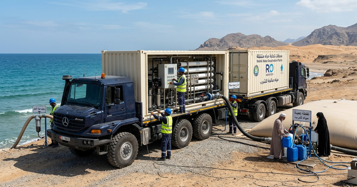 محطات تحلية مياه متنقلة بجانب خزان مياه