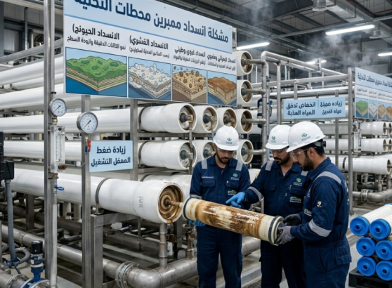 فريق صيانة داخل محطة تحلية يعاين فلاتر الممبرين لمواجهة مشكلة انسداد ممبرين محطات التحلية.