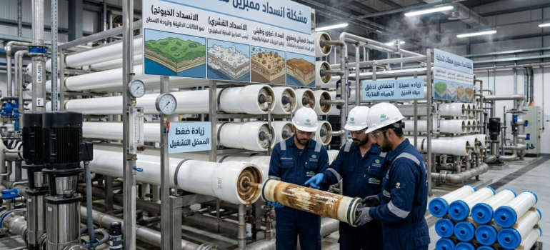 فريق صيانة داخل محطة تحلية يعاين فلاتر الممبرين لمواجهة مشكلة انسداد ممبرين محطات التحلية.