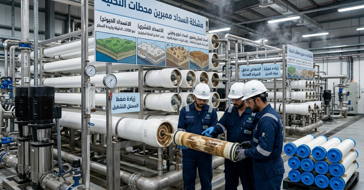 فريق صيانة داخل محطة تحلية يعاين فلاتر الممبرين لمواجهة مشكلة انسداد ممبرين محطات التحلية.