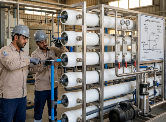 فنيان يربطان الأنابيب والوصلات بدقة خلال تركيب وحدات التناضح العكسي لمحطة التحلية.
