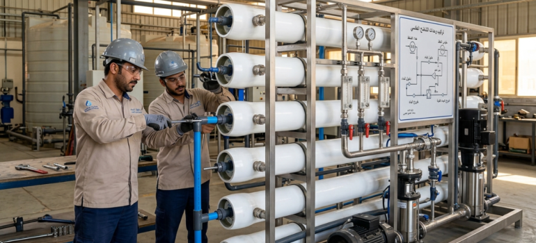 فنيان يربطان الأنابيب والوصلات بدقة خلال تركيب وحدات التناضح العكسي لمحطة التحلية.
