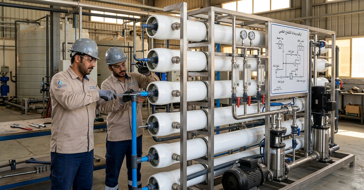 فنيان يربطان الأنابيب والوصلات بدقة خلال تركيب وحدات التناضح العكسي لمحطة التحلية.