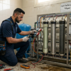 مهندس صيانة يستخدم أدوات قياس الضغط لتنفيذ تصليح أجهزة تحلية المياه داخل ورشة عمل