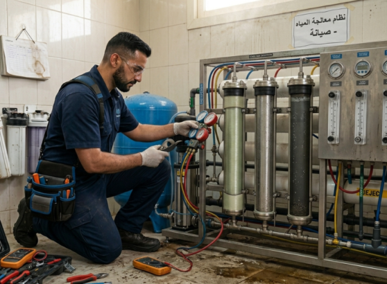مهندس صيانة يستخدم أدوات قياس الضغط لتنفيذ تصليح أجهزة تحلية المياه داخل ورشة عمل