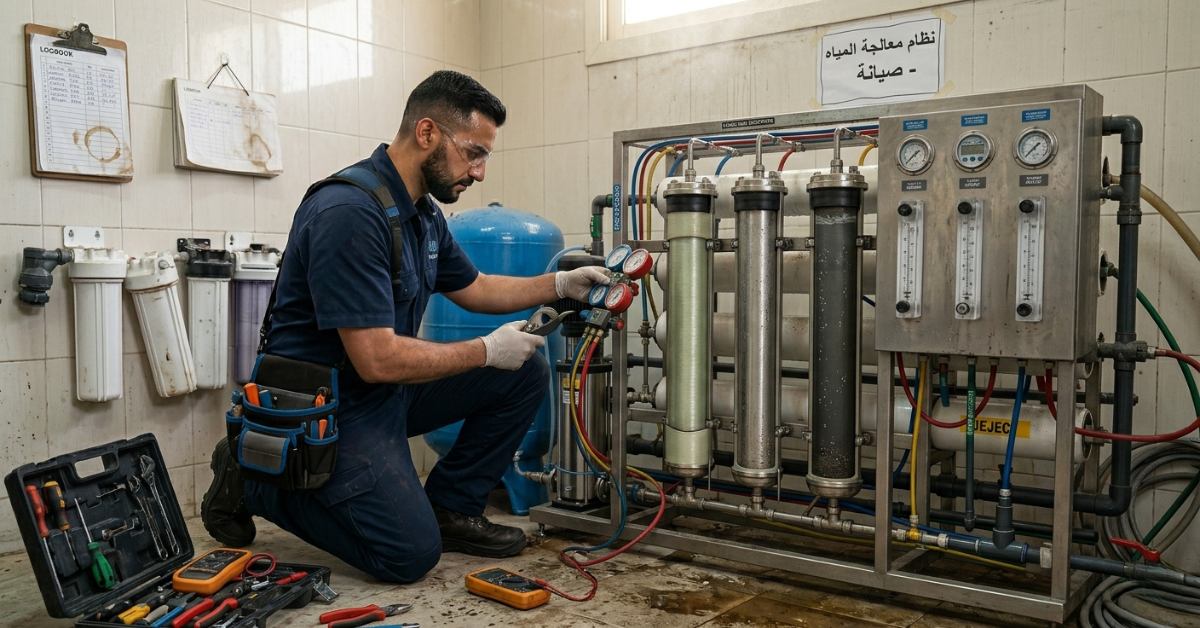 مهندس صيانة يستخدم أدوات قياس الضغط لتنفيذ تصليح أجهزة تحلية المياه داخل ورشة عمل