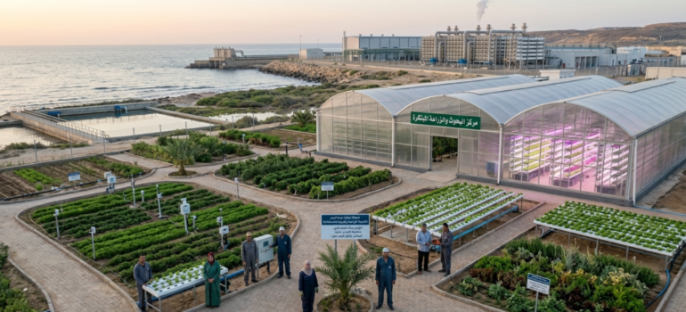 تقنيات زراعية حديثة بجوار المحطة تعكس فوائد تحلية مياه البحر للتنمية.