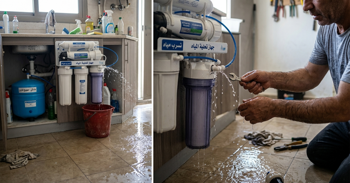 مياه تتساقط بغزارة بسبب تسرب المياه من جهاز التحلية المنزلي.