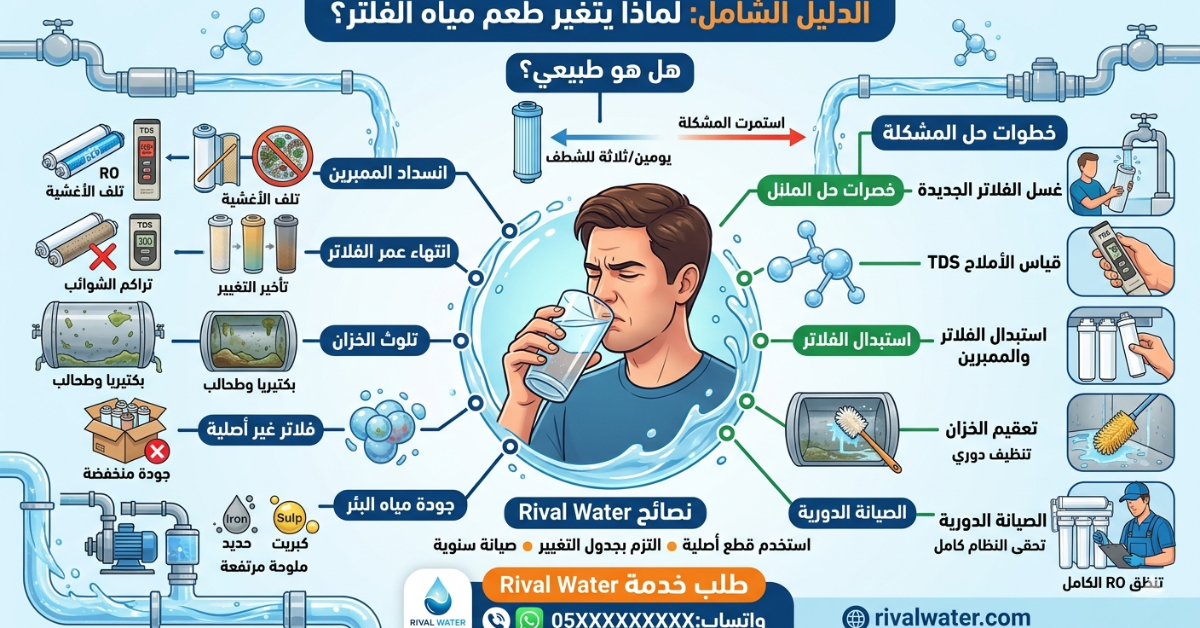 إنفوجرافيك يوضح أسباب حلول مشكلة تغير طعم المياه بعد الفلتر من Rival Water.