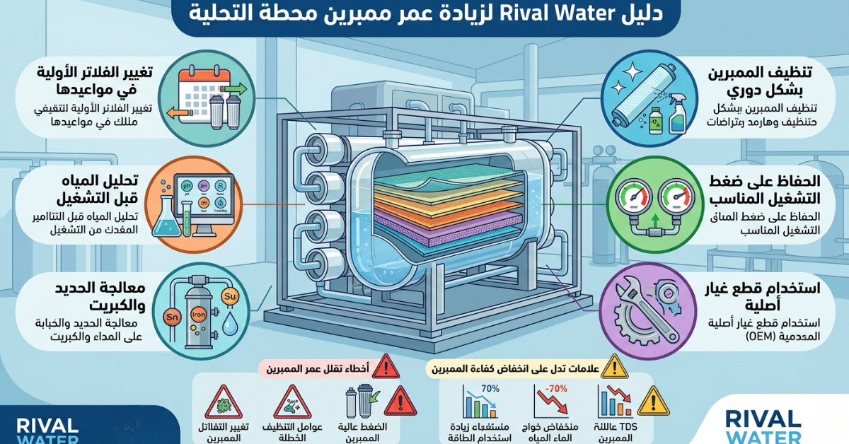دليل إنفوجرافيك يوضح خطوات ونصائح زيادة عمر ممبرين محطة التحلية.