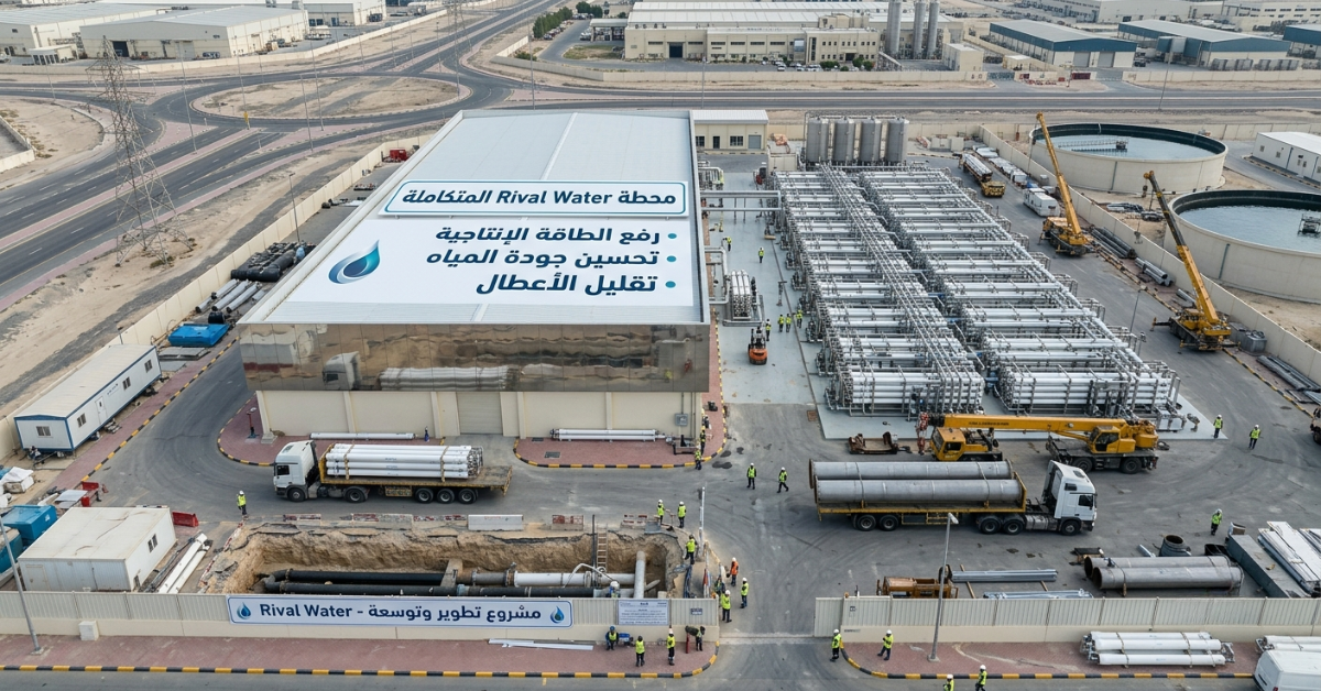 لقطة جوية متكاملة لموقع العمل والآليات أثناء إعادة تأهيل محطات مياه.