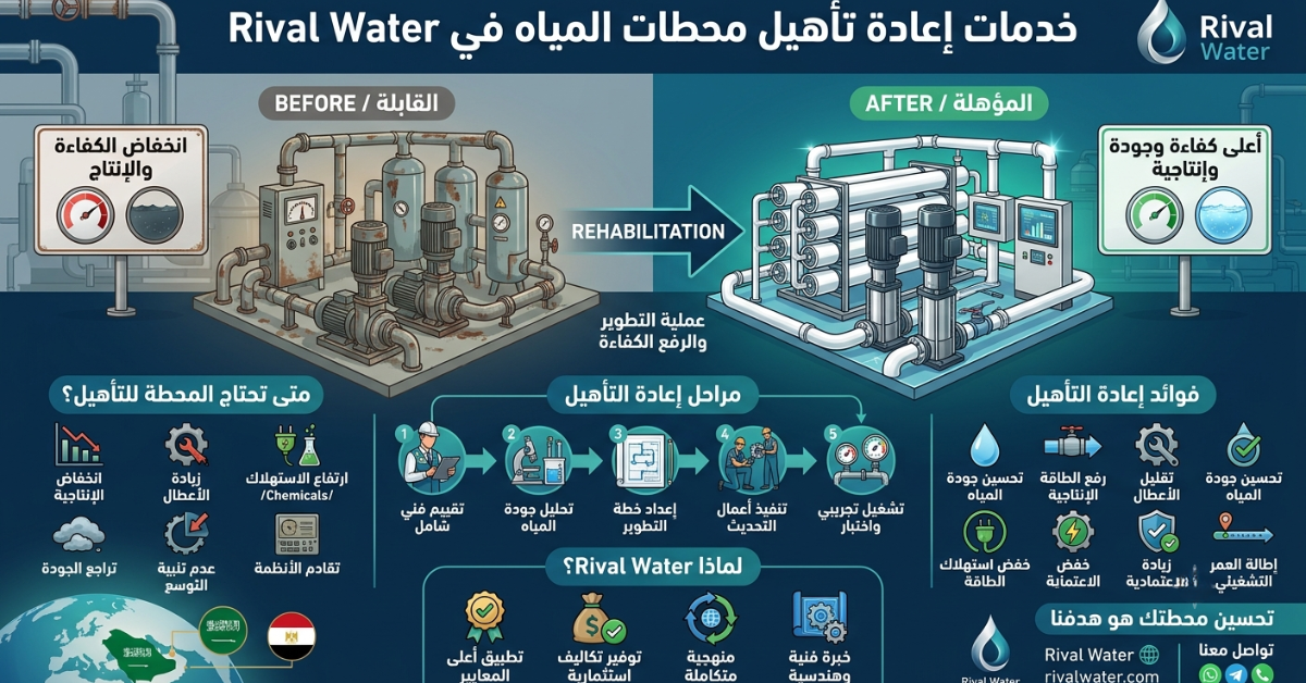 إنفوجرافيك يوضح مراحل وفوائد خدمات إعادة تأهيل محطات مياه من Rival Water.