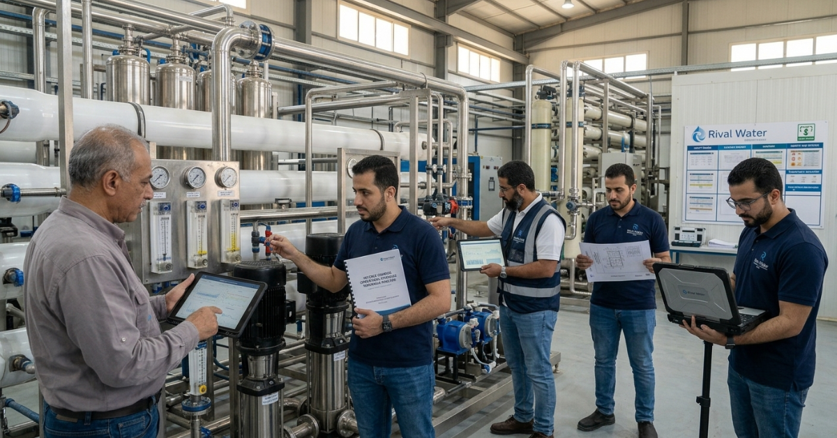 فريق هندسي يفحص الأجهزة والمعدات لخدمات استشارات هندسية محطات مياه.