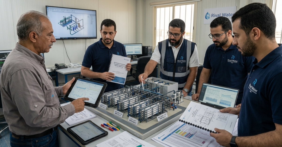 مهندسون يدرسون مجسمًا توضيحيًا لتوفير استشارات هندسية محطات مياه متكاملة.