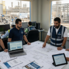 نقاش حول المخططات الهندسية داخل غرفة التحكم لتقديم استشارات هندسية محطات مياه.