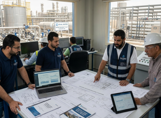 نقاش حول المخططات الهندسية داخل غرفة التحكم لتقديم استشارات هندسية محطات مياه.