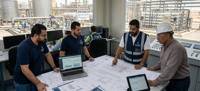 نقاش حول المخططات الهندسية داخل غرفة التحكم لتقديم استشارات هندسية محطات مياه.