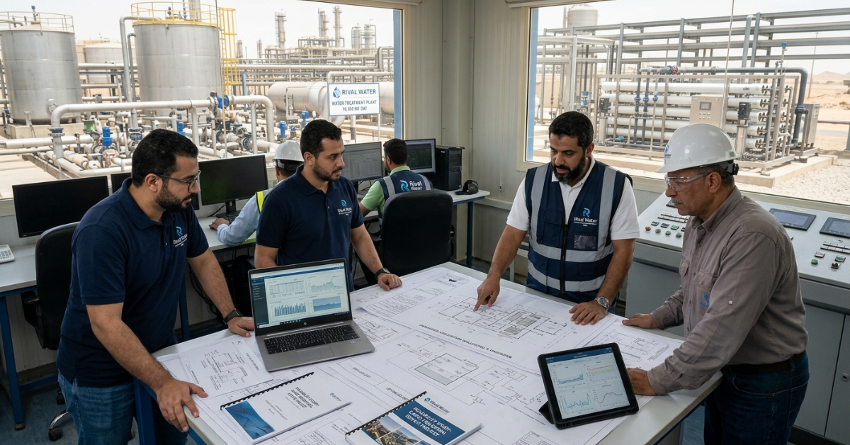 نقاش حول المخططات الهندسية داخل غرفة التحكم لتقديم استشارات هندسية محطات مياه.