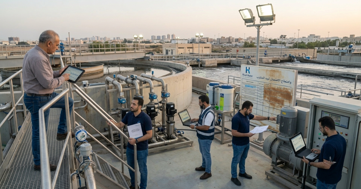 مهندسون يراجعون المخططات والتقارير لتقديم استشارات هندسية محطات مياه.