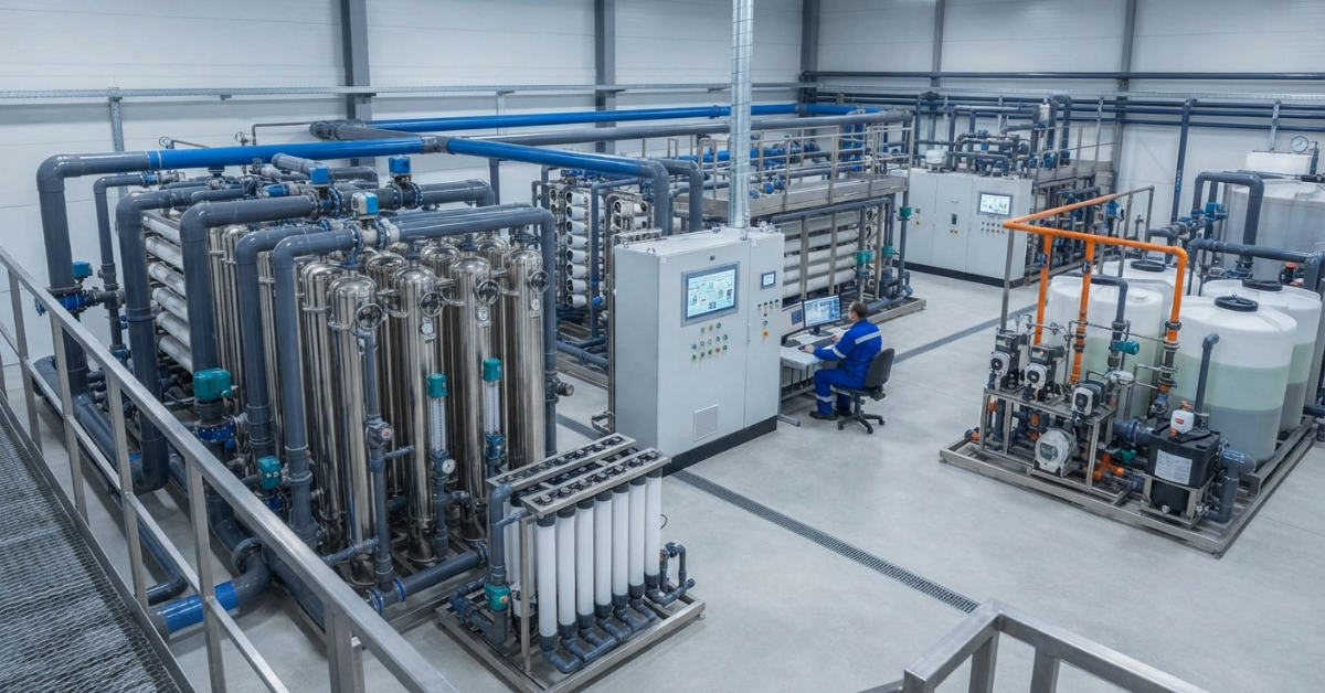 وحدة معالجة مياه تعكس تقنية الترشيح الدقيق والفائق داخل محطة صناعية.