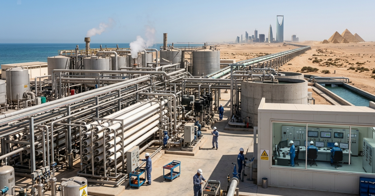 مهندسون وعمال داخل غرفة تحكم وموقع عمل لتقدير تكلفة إنشاء محطة صناعية متكاملة.